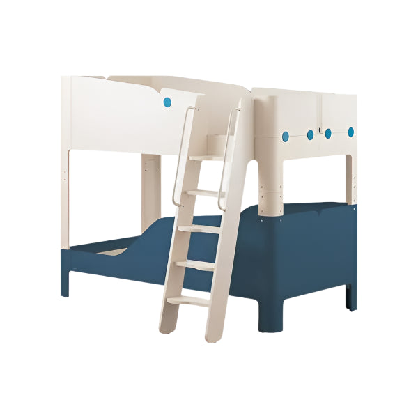 ILOOM Tinkle Pop 2-Story Bed with ladder in white and blue, where a child climbs to the top bunk.