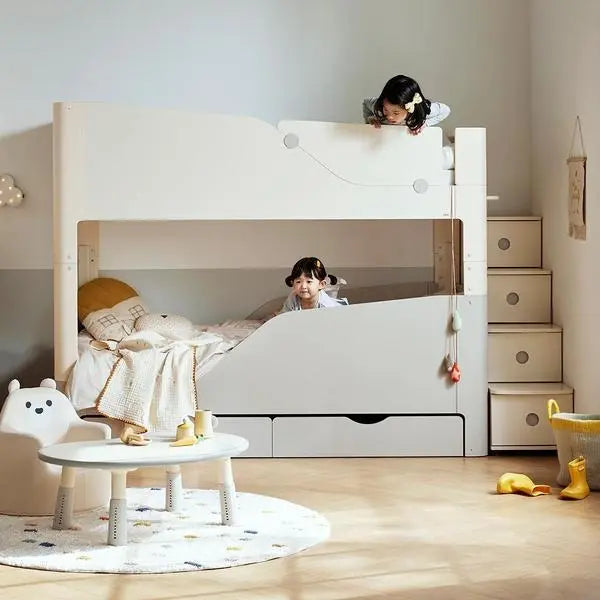 Iloom Tinkle Pop 2-Story Bed (Stairs Type): white wooden toddler bed with built-in stairs, two kids climbing between bunks.