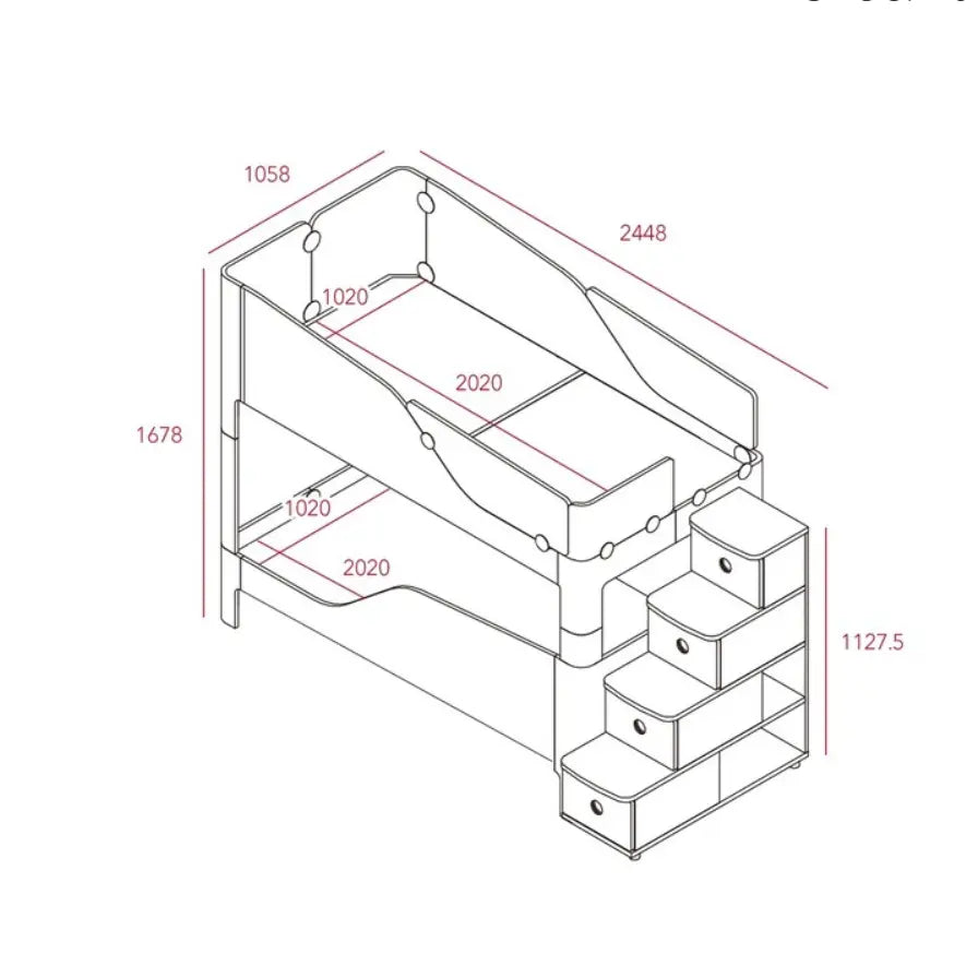 Iloom Tinkle Pop 2-Story Bed with stair drawers and integrated storage beside a lower bed.