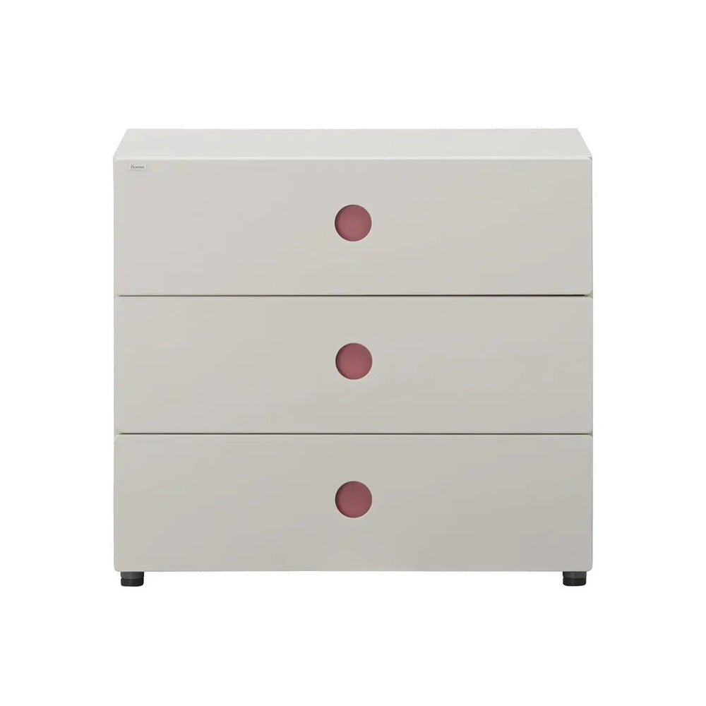 Iloom Tinkle Pop 3 Drawer Dresser 800W in white with pink circular knobs, 3-drawer nursery storage