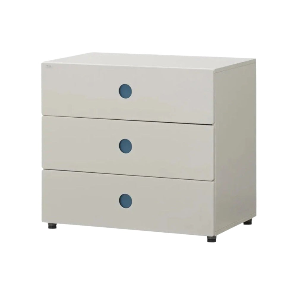 Iloom Tinkle Pop 3 Drawer Dresser 800W in white with blue round pulls, a neat nursery storage solution.