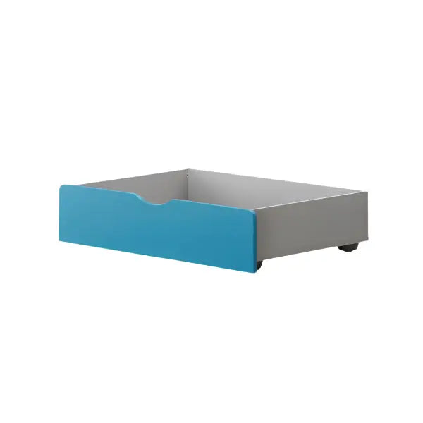 Iloom Tinkle Pop Bed Drawer with blue front panel and gray body sliding out under a toddler bed for storage.