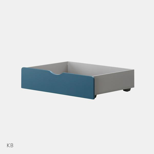 Iloom Tinkle Pop Bed Drawer in blue front, pulled out to reveal gray storage tray under a toddler bed.