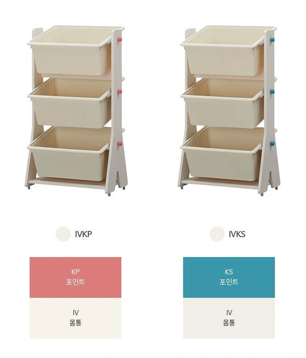 Ivory combinations with colour accents: Ivory-Pink IVKP and Ivory-Blue IVKS both have ivory side panels and three ivory bins.