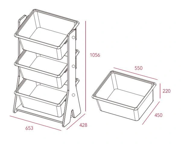 Organizer and bin dimensions: The organizer is 653W × 428D × 1056H mm.