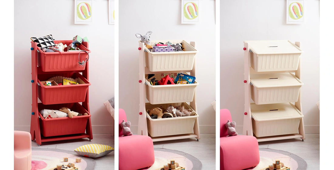 See different storage arrangements: The manufacturer’s complete three-panel collage shows open-bin storage and an example with separately purchased lids.