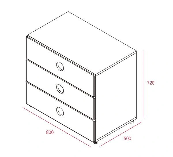 800W three-drawer dimensions: The dresser alone measures 800W × 500D × 720H mm.