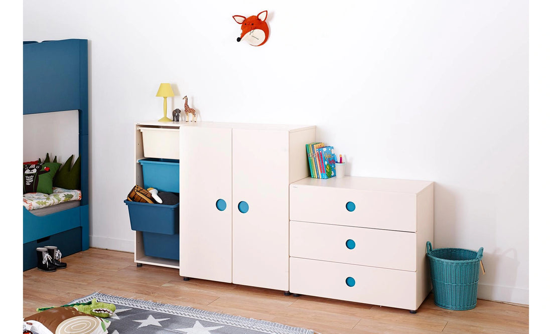 Separate wardrobe and dresser arrangement: The Sky three-drawer dresser is shown beside a separately purchased two-door wardrobe.