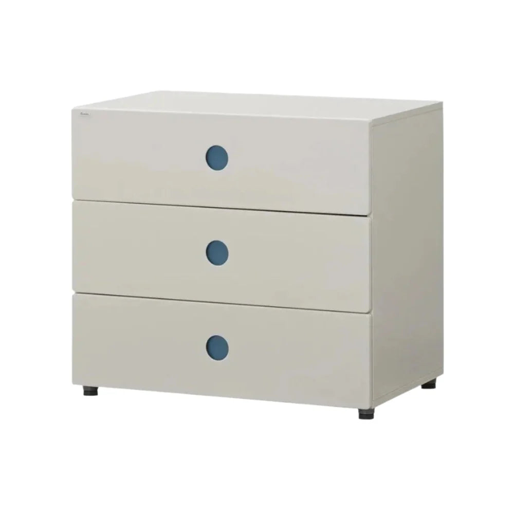 HSLC7083NA Sky option full studio view: ivory-toned three-drawer dresser with sky-blue recessed round handles.