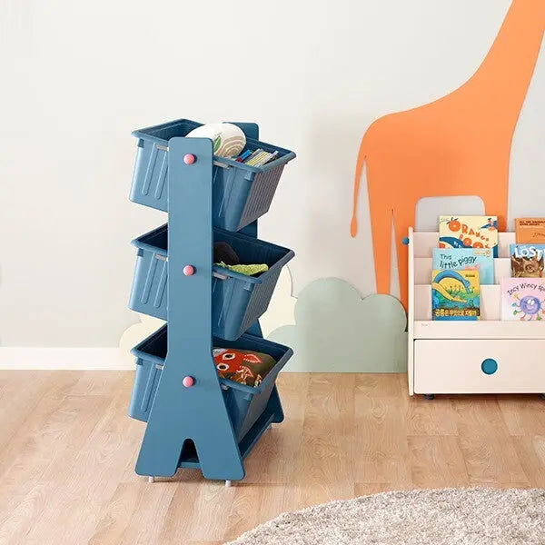 ILOOM Tinkle Pop Kids PL Storage tower with four blue bins holding toys in a stair-step frame.