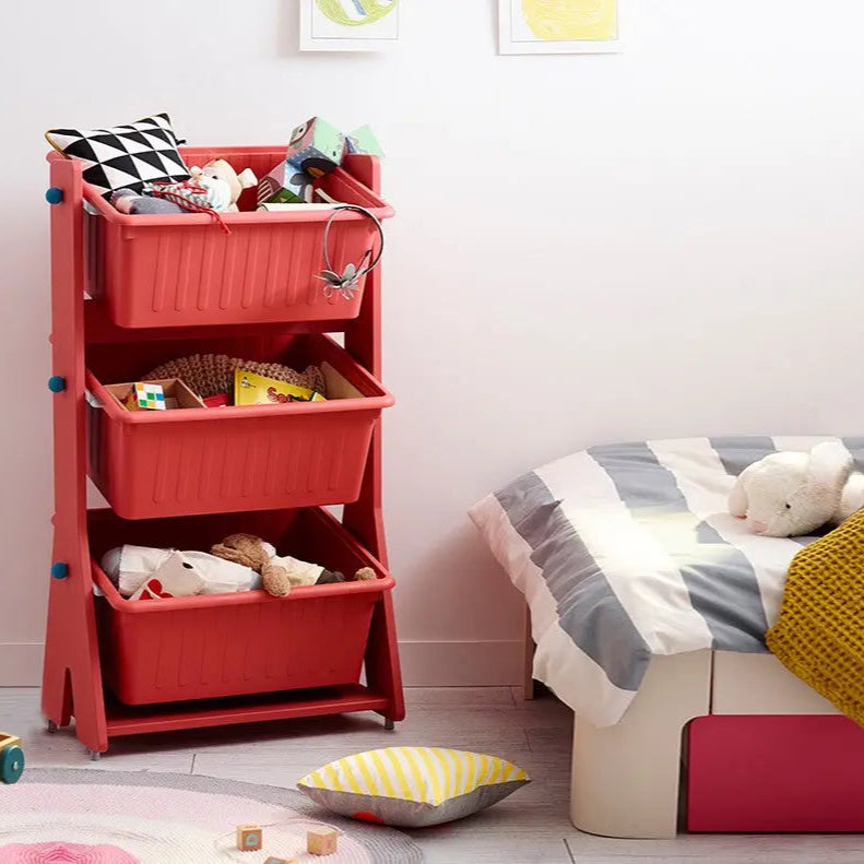 Iloom Tinkle Pop Kids PL Storage red 3-tier toy organizer with toys filling each bin