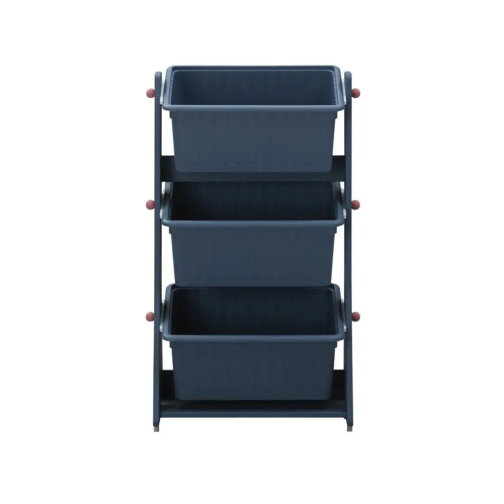 ILoom Tinkle Pop Kids Plastic Storage rack with three navy bins on a metal frame used to organize toys.
