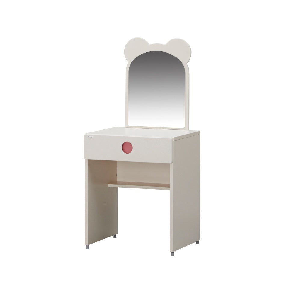 Iloom Tinkle Pop makeup table in white with arched mirror and pink knob for kids