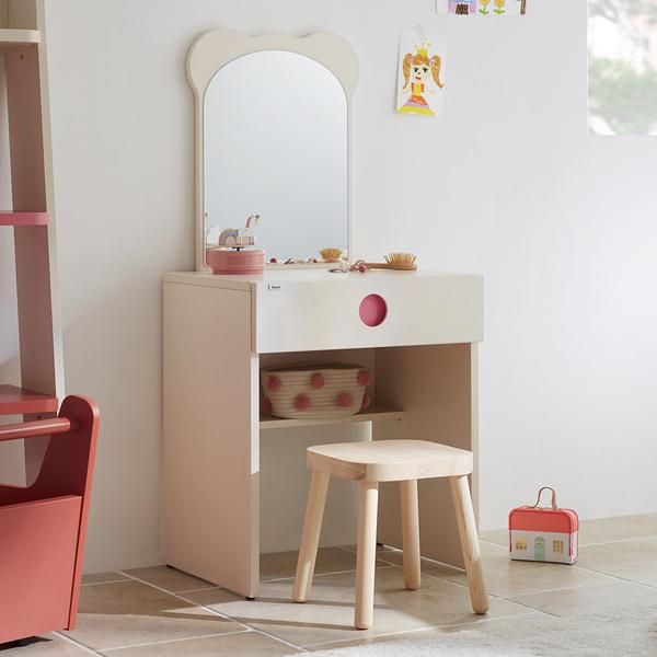 Iloom Tinkle Pop Make-Up Table in cream with mirror and wooden stool for toddlers