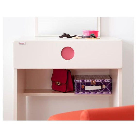 Iloom Tinkle Pop Make-Up Table, white with pink circle cutout; red purse and purple geometric storage box.