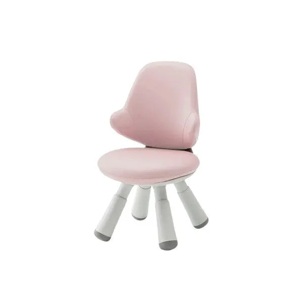 ILOOM Wing Kids Chair in pink upholstery; four white angled legs with gray tips support the seat.