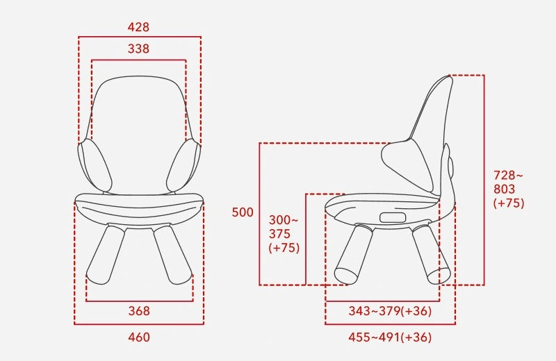 Complete Wing dimension drawing showing adjustable overall height and depth, seat height and seat depth.