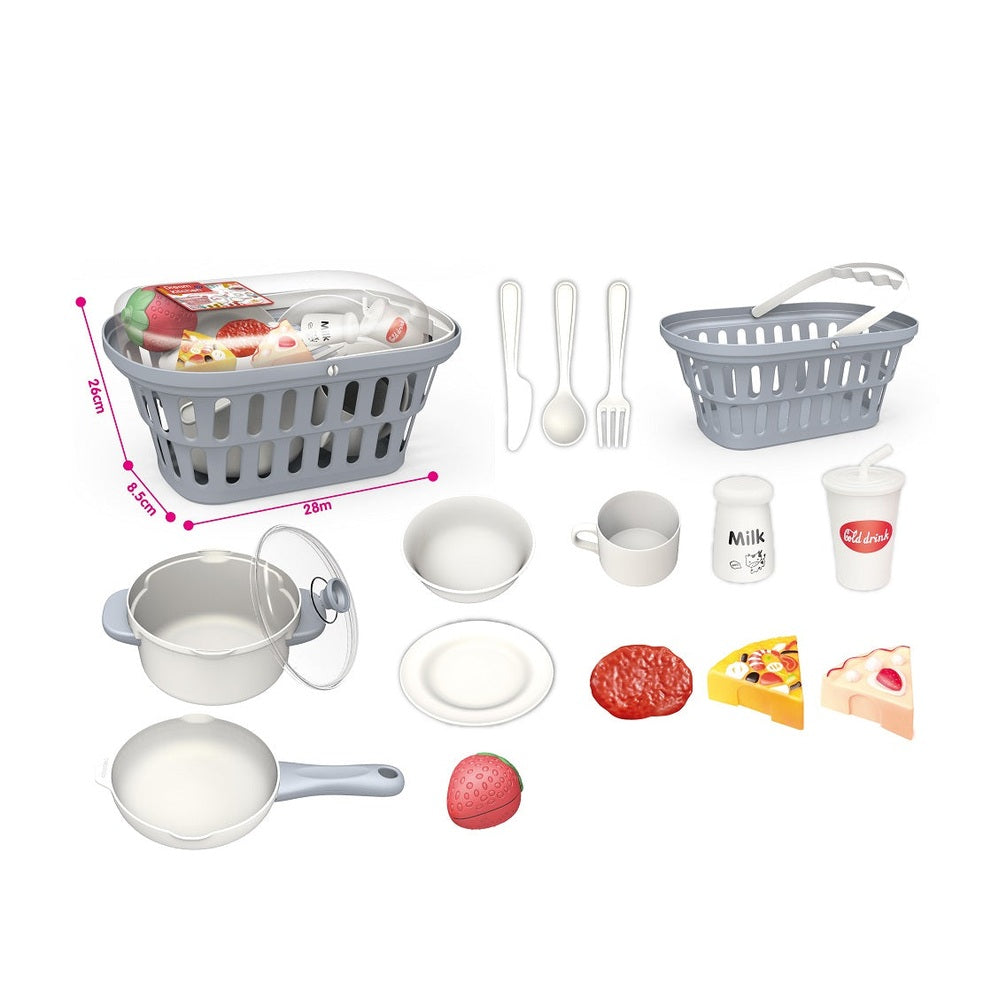Inbealy Dream Kitchen Basket with 2 gray baskets, pretend cookware, utensils and toy foods