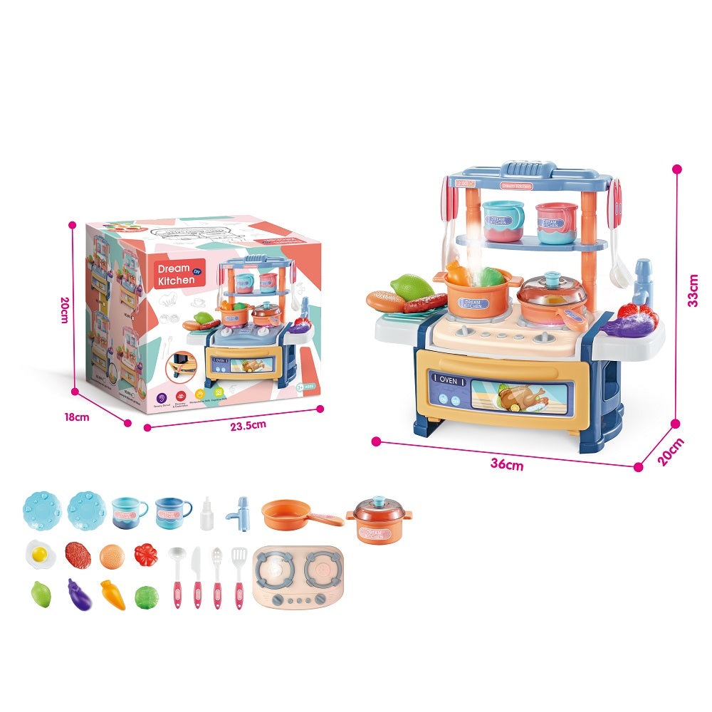 INBEALY Dream Kitchen playset with orange stove, blue shelves, pots, pans and utensils (1 set)
