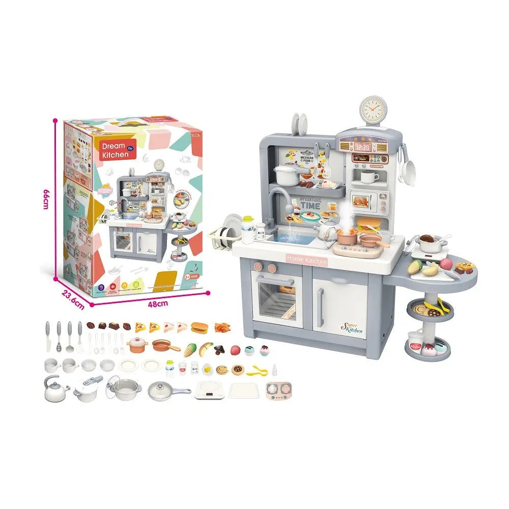 Inbealy Dream Super Kitchen, gray/white play kitchen with stove, oven, sink, and 100+ accessories for pretend cooking.