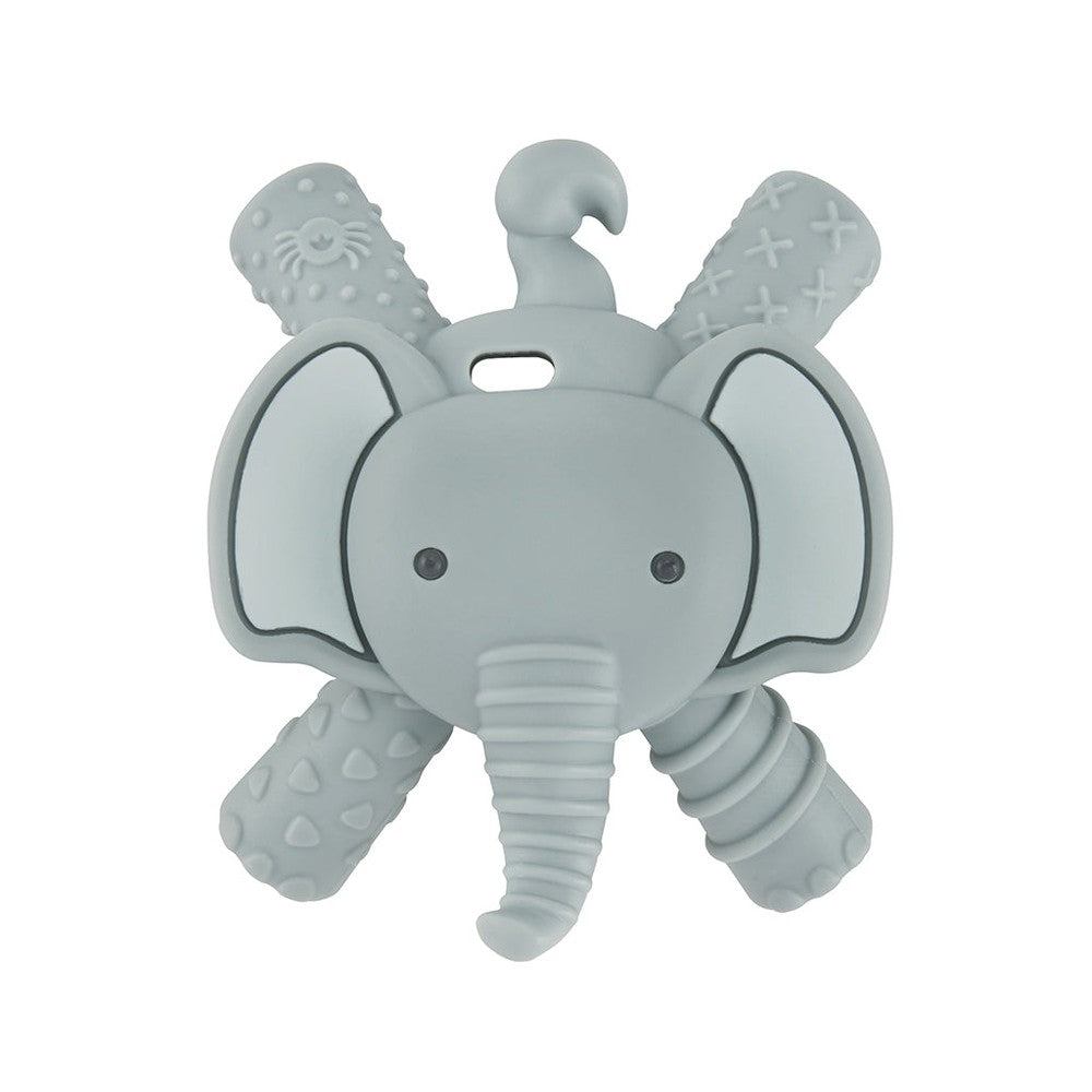 Itzy Ritzy Baby Molar Teether elephant silicone teether in gray with textured trunks and ears