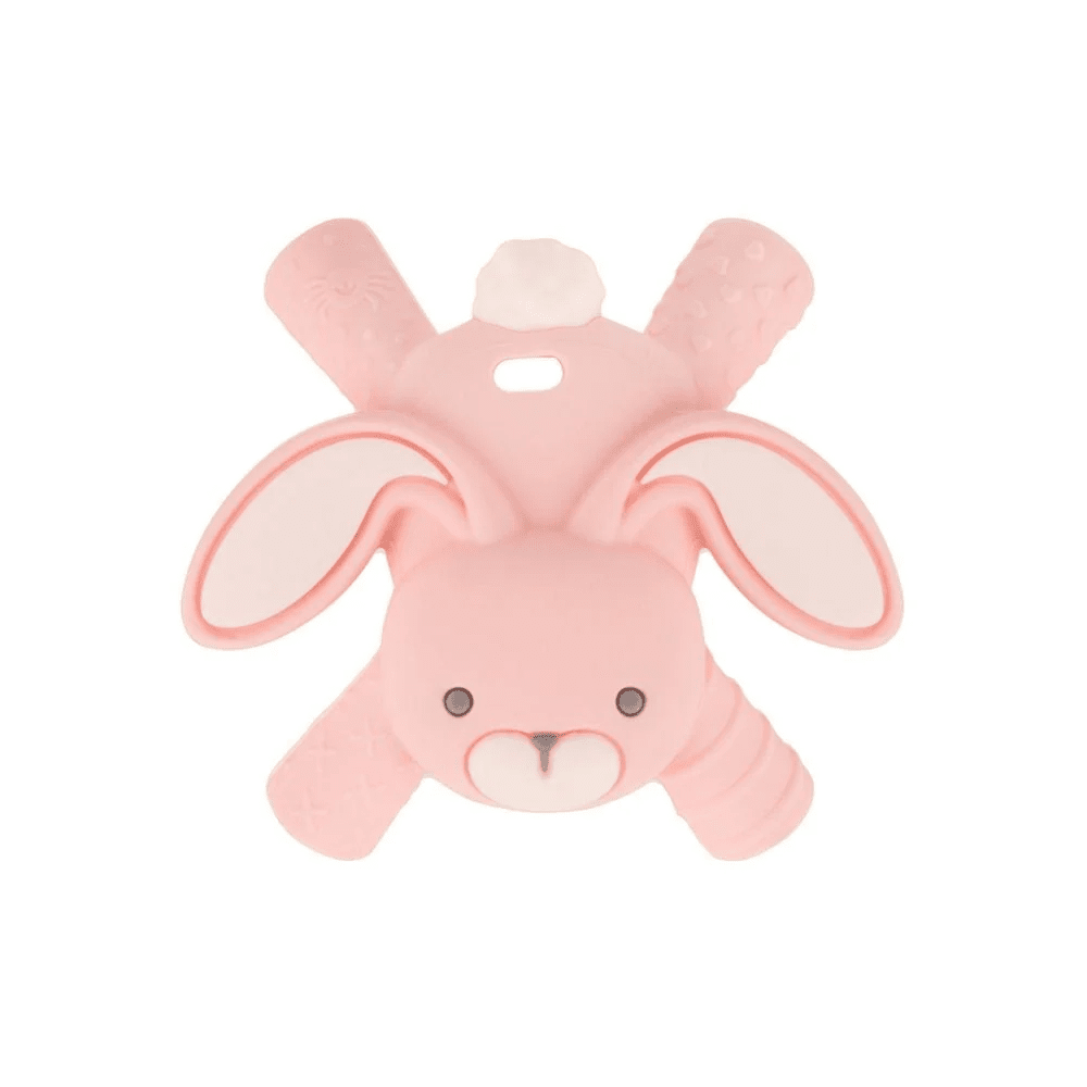 Itzy Ritzy bunny teether in pink silicone with textured paddles on ears and face