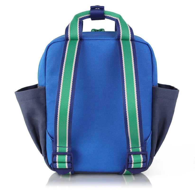 Itzy Ritzy Backpack in blue with green striped adjustable straps and navy side pockets, shown from back.