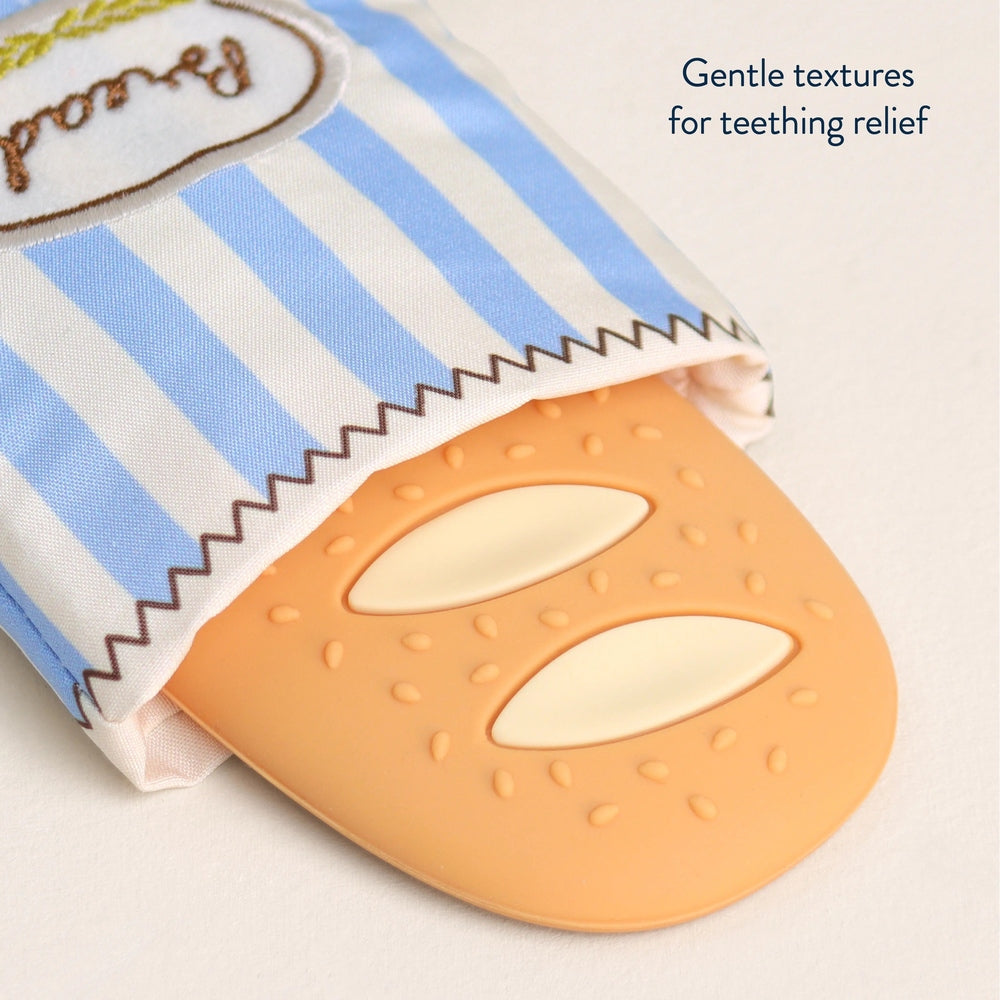 ITZY RITZY Itzy Ritzy Baguette Teensy Crinkle Embroidered fabric pouch with textured silicone teether img 4/6