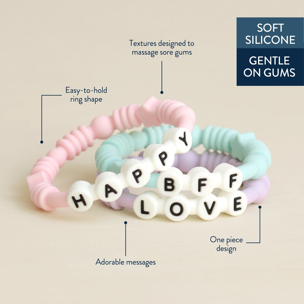 ITZY RITZY Itzy Ritzy Bitzy Bands Teether Set Three textured rings with letter beads spelling messages img 3/5