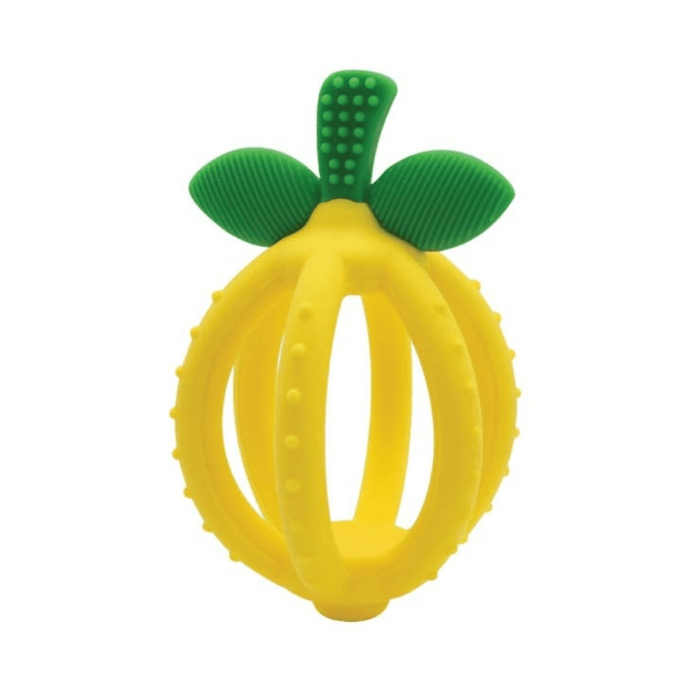 Bitzy Biter Lemon Ball Teether by Itzy Ritzy, yellow silicone with green leaves