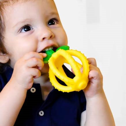 Itzy Ritzy Bitzy Biter Lemon Ball Teether, yellow silicone baby teether with green leaf accent