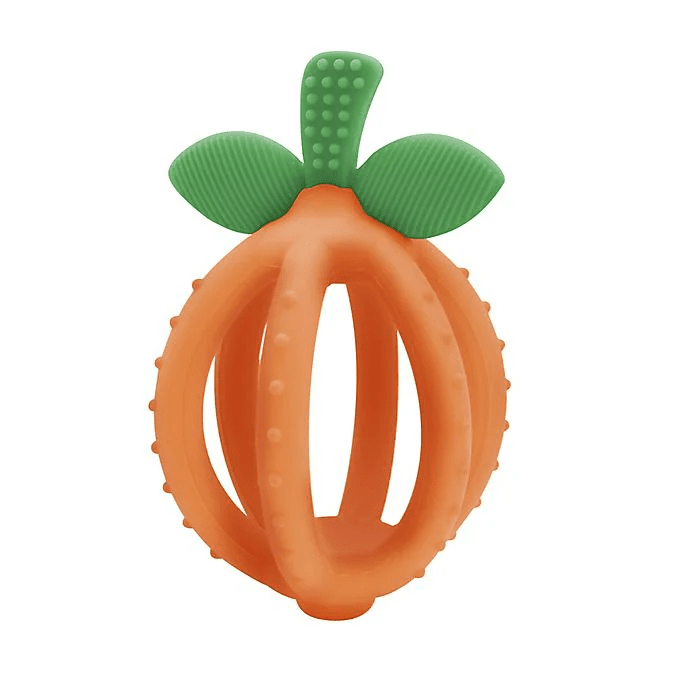 Itzy Ritzy Bitzy Biter Lemon Ball Teether in orange ring with green stem and leaf