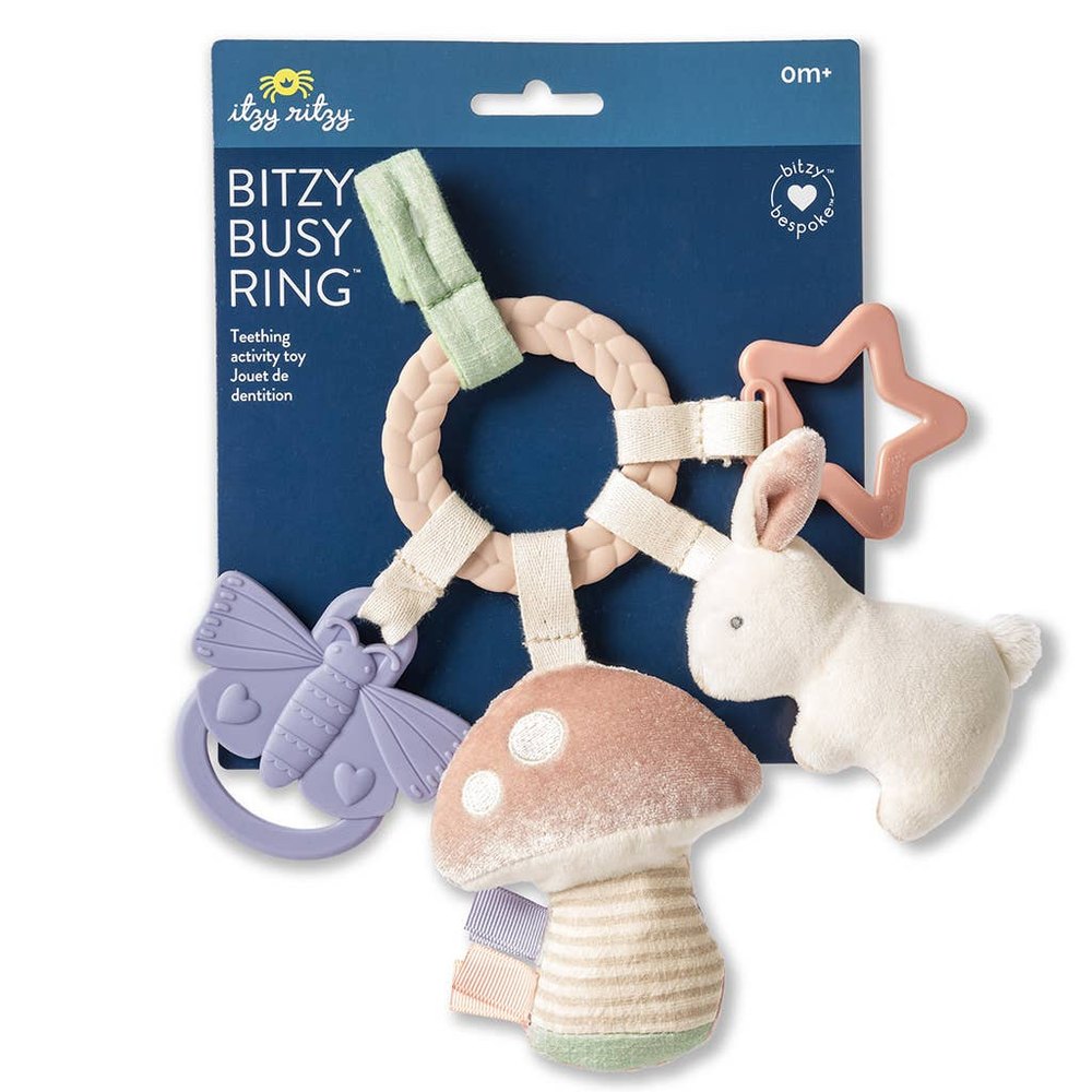 ITZY RITZY Itzy Ritzy Bitzy Busy Ring Teething Activity Toy nature-themed charms with mushroom, bird, butterfly, and star img 1/27
