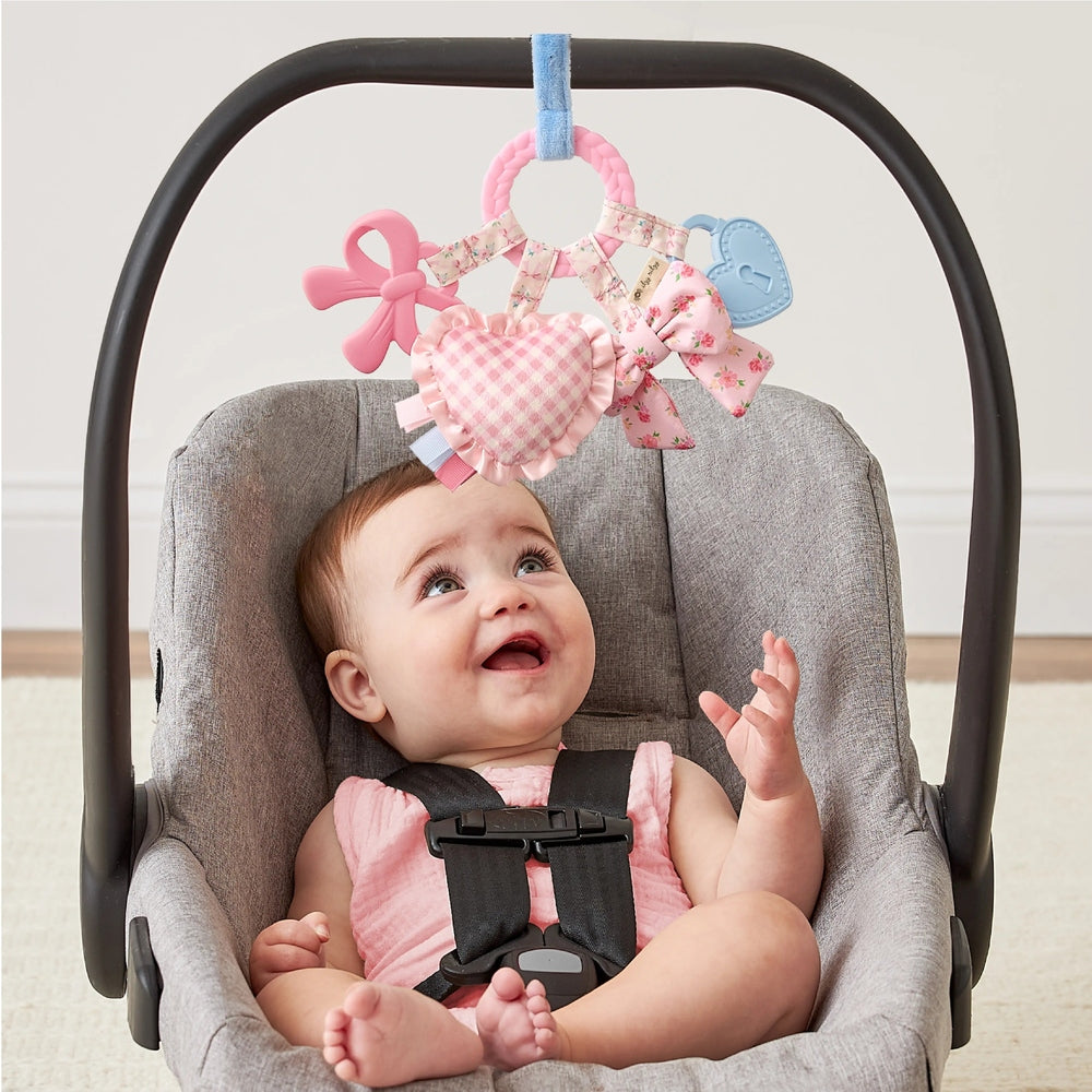 ITZY RITZY Itzy Ritzy Bitzy Busy Ring Teething Activity Toy pink gingham heart with ribbon tags and blue teether attachment img 2/27
