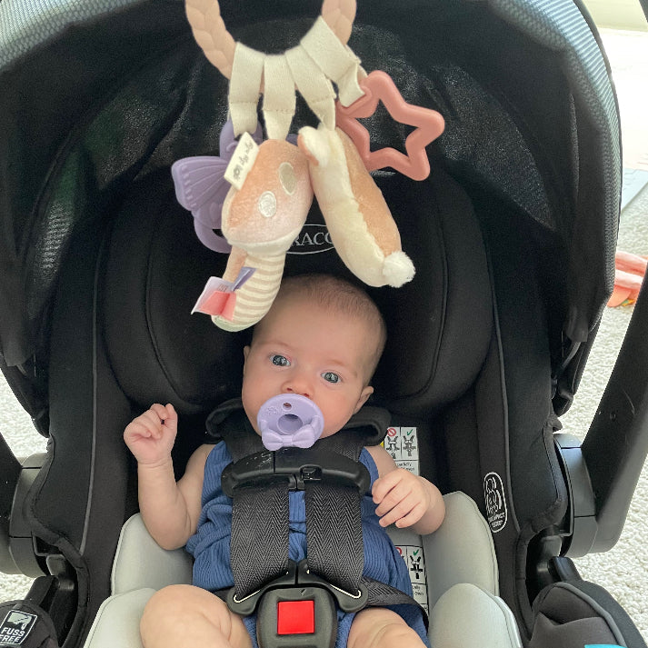 ITZY RITZY Itzy Ritzy Bitzy Busy Ring Teething Activity Toy bunny with long floppy ears, crinkle wings, and clip-on loop img 6/27