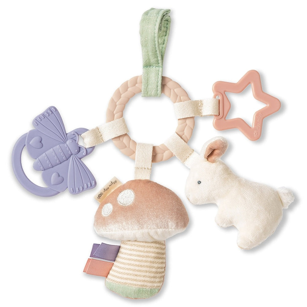 ITZY RITZY Itzy Ritzy Bitzy Busy Ring Teething Activity Toy mushroom, bear, butterfly & star attachments with ribbon tags img 9/27