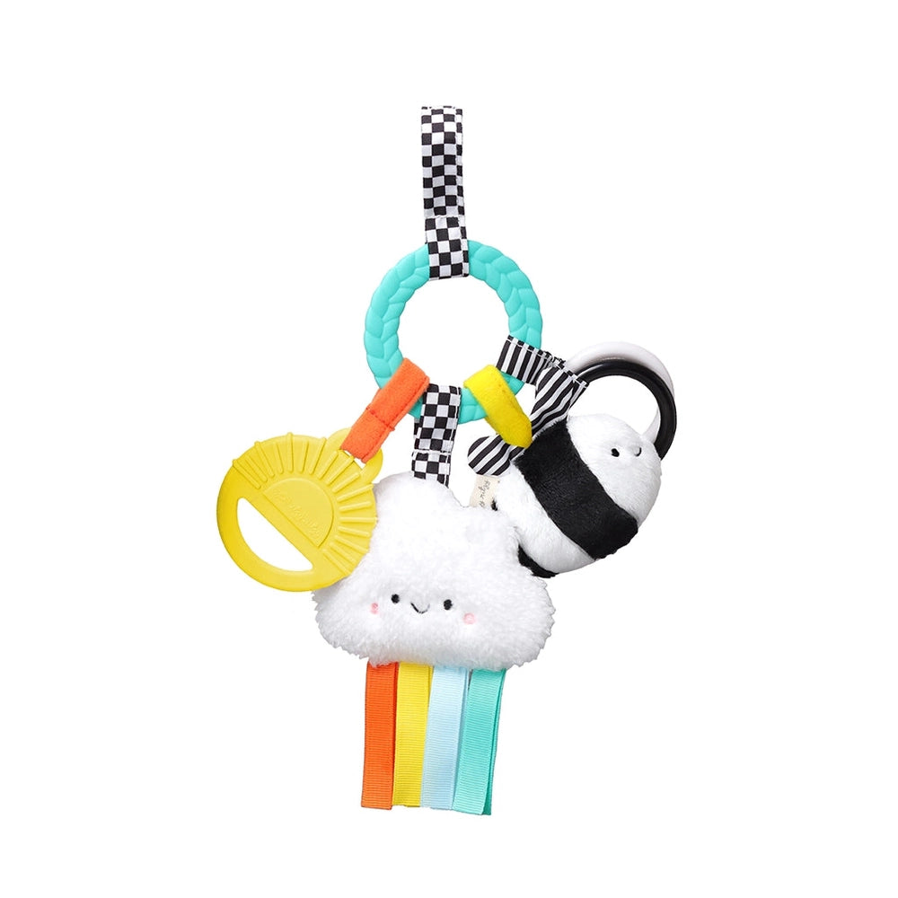Itzy Ritzy Bitzy Busy Ring teething toy with plush cloud, rainbow ribbons and assorted textured rings