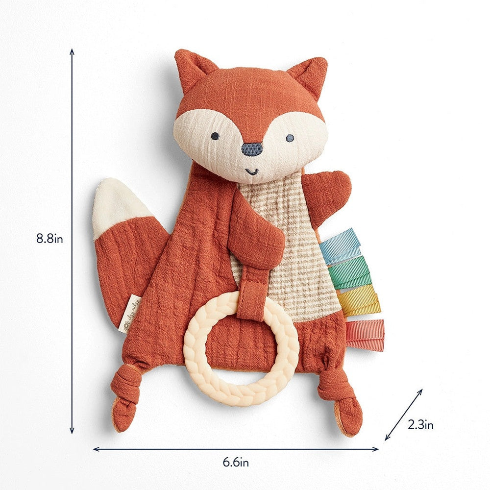 Itzy Ritzy Bitzy Crinkle Fox Sensory Toy with Teether, orange plush with multicolor ribbon tabs and braided ring