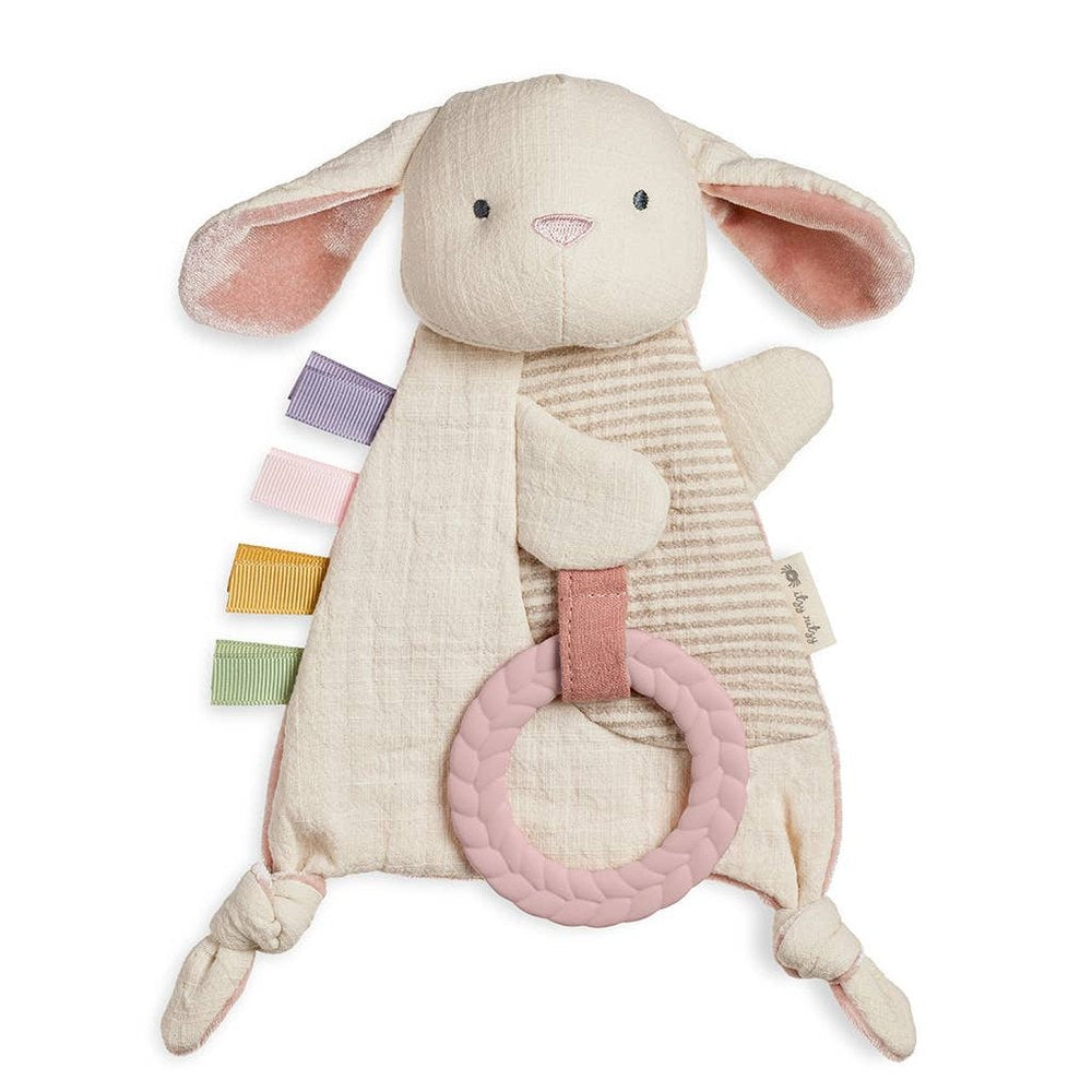 Itzy Ritzy Bitzy crinkle sensory toy bunny with pink teether ring, cream fabric and pastel ribbons