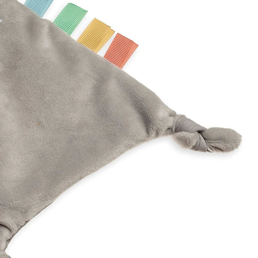 Itzy Ritzy Bitzy Crinkle Sensory Toy with Teether, gray plush with knotted end and rainbow ribbon tags