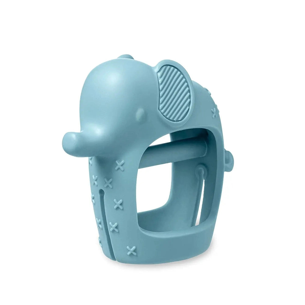 ITZY RITZY Bitzy Grip teething toy in blue silicone, elephant shape with ribbed ear grip for easy grasp