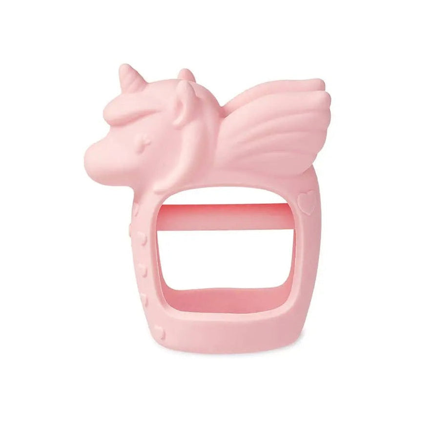 Itzy Ritzy Bitzy Grip unicorn teething ring in soft pink silicone, with a chunky easy-grip handle.