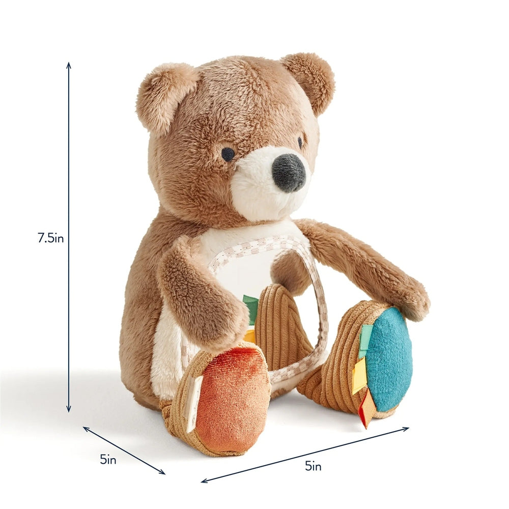 ITZY RITZY Bitzy Mirror Theo the Bear plush, 7.5in tall, with a fabric mirror in the belly and colorful textured feet.