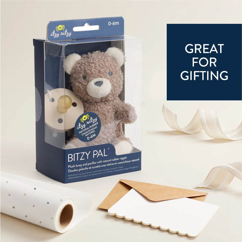 Itzy Ritzy Bitzy Pal natural rubber pacifier with plush bear in navy box for 0-6m