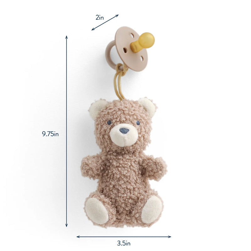 Itzy Ritzy Bitzy Pal natural rubber pacifier and plush bear with clip, tan-brown fur and cream muzzle