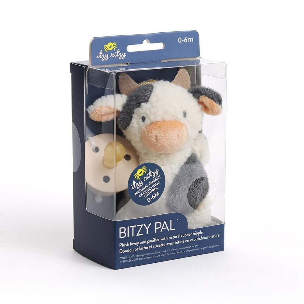 Itzy Ritzy Bitzy Pal Natural Rubber Pacifier & Stuffed Animal in Cream and Gray Cow with Peach Nose