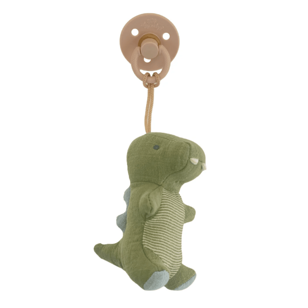 Itzy Ritzy Bitzy Pal plush dinosaur with natural rubber pacifier in green and beige colors