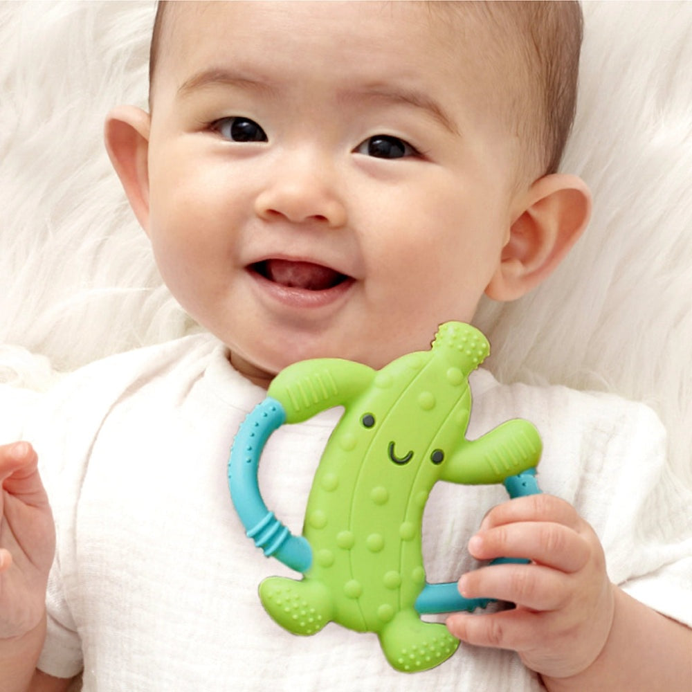 Itzy Ritzy Chew Crew cactus teether in green with blue handles for babies