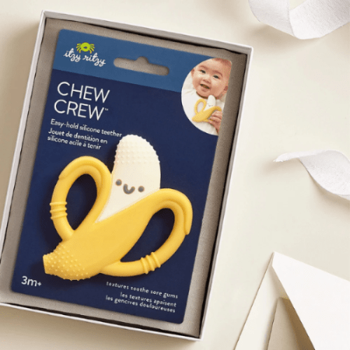 Chew Crew teething toy by ITZY RITZY; yellow banana-shaped silicone with textured grip
