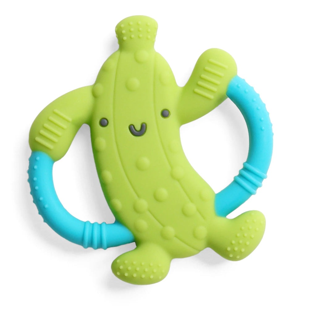 Itzy Ritzy Chew Crew teething toy in lime green silicone with blue handles.